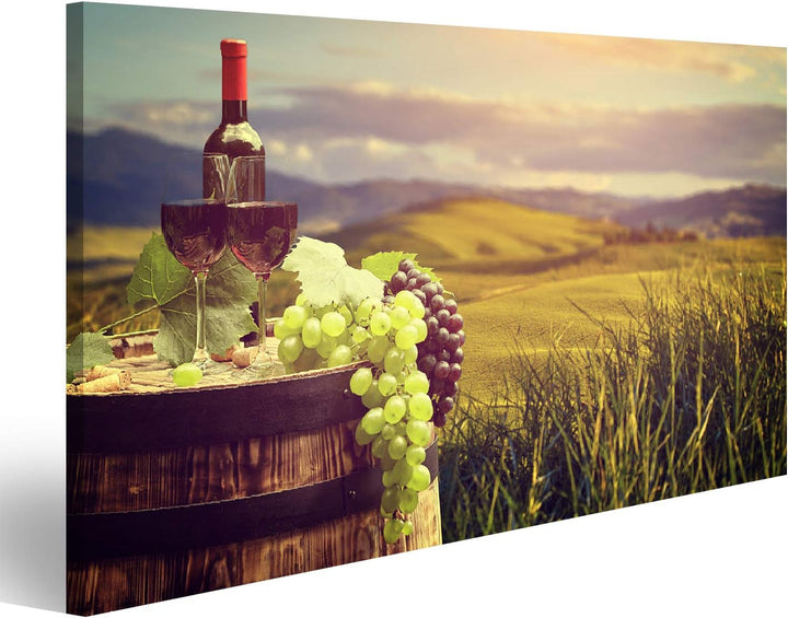islandburner Bild auf Leinwand Rotweinflasche Und Weinglas Auf Wodden Barrel Schöne Toskana Hintergr