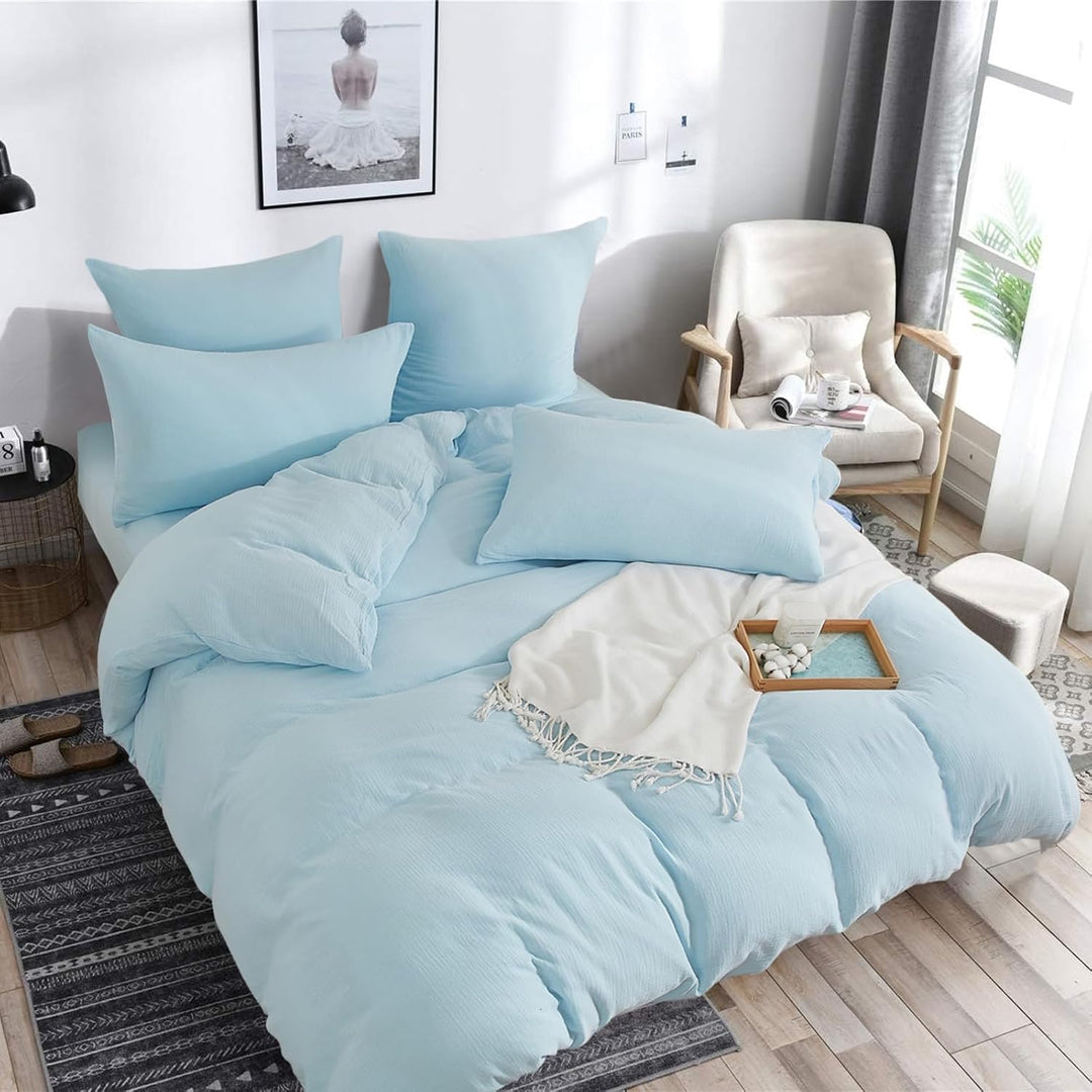 Boqingzhu Doppelte Muslin Bettwäsche 200×220 cm Blau Hellblau Baumwolle – Temperaturregulierend Atmu