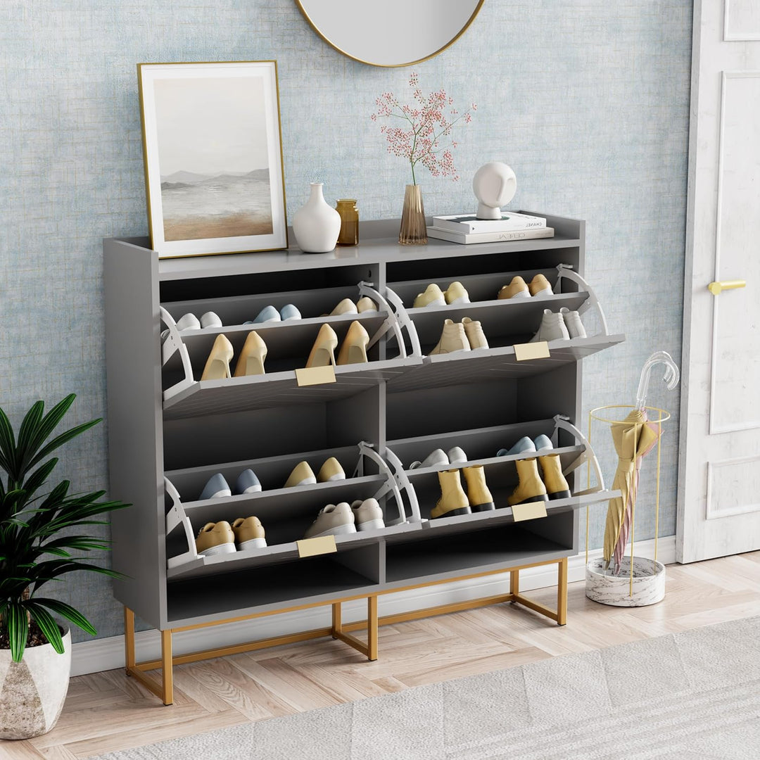 UEV Schuhschrank mit 4 Klappen,100x24x103,5cm Schuhkipper Schmal,Schuhkommode Flur Wohnzimmer Eingan