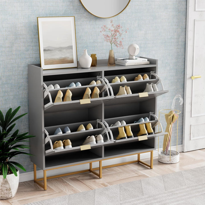 UEV Schuhschrank mit 4 Klappen,100x24x103,5cm Schuhkipper Schmal,Schuhkommode Flur Wohnzimmer Eingan