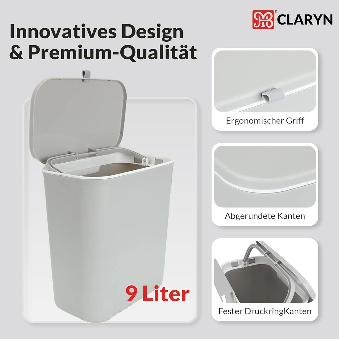 MBI CLARYN Hängender Mülleimer Küche 9L | Geruchsdichter Biomülleimer mit Deckel | Küchenabfalleimer