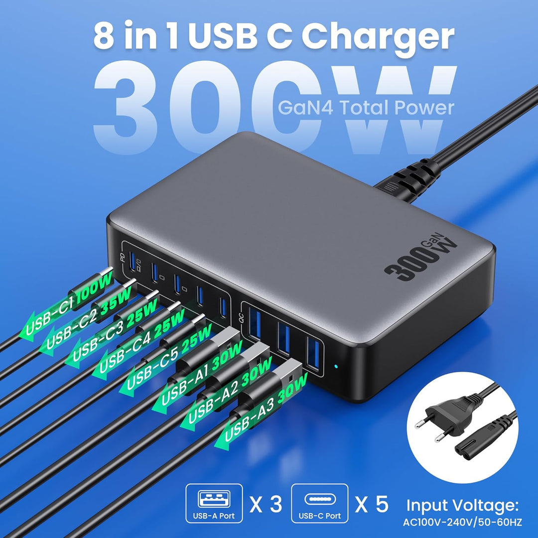 300W USB C Ladegerät Mehrfach, 8 Ports Schnellladegerät 100W USB Ladestation Charger PD PPS USB C Ne