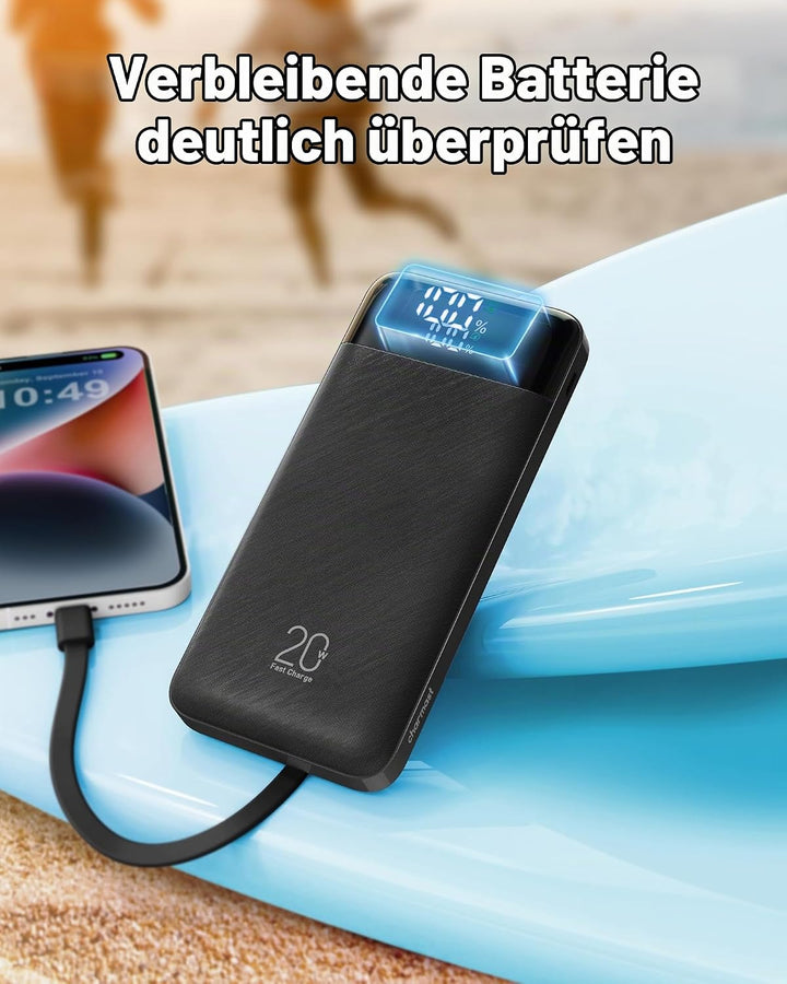 Charmast Powerbank mit integrierten Kabeln, 22,5 W 20000 mAh Powerbank Schnellladung, tragbares Lade