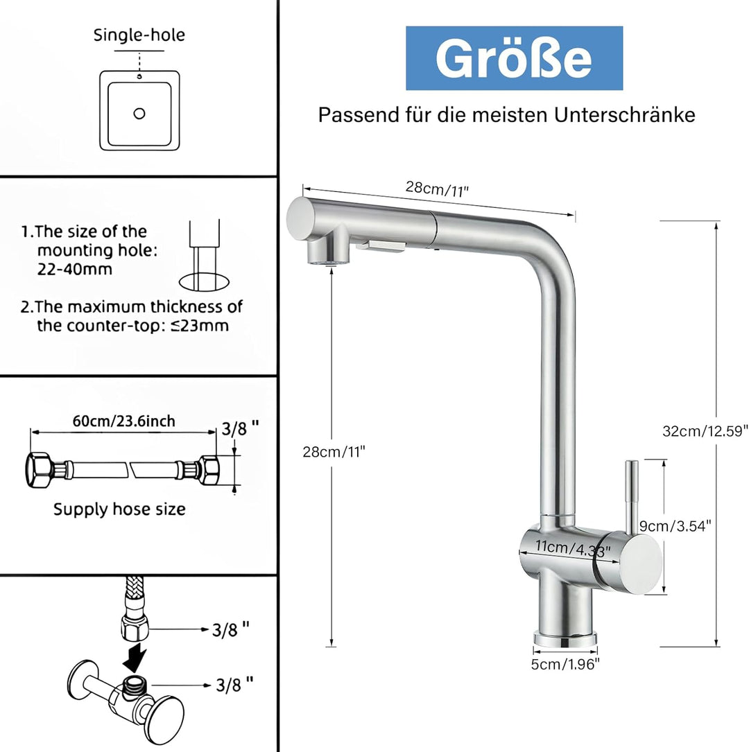 Rozin Küchenarmatur mit Brause Ausziehbar Edelstahl Gebürstetes Nickel 360 Grad Drehung Hochdruck Wa