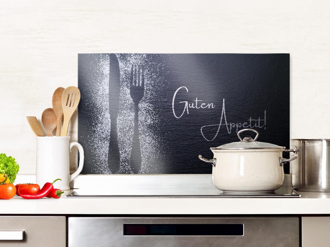 GRAZDesign Spritzschutz Küchenrückwand Glas Küche für Herd & Küchenspüle, Grau Guten Appetit Glaspla