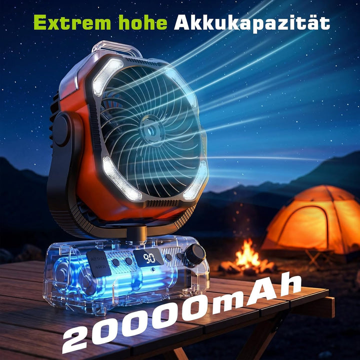 20000mAh Camping Ventilator Akku mit Licht, 0-100 Stufen Regelbar Outdoor Ventilator mit Sprühfunkti