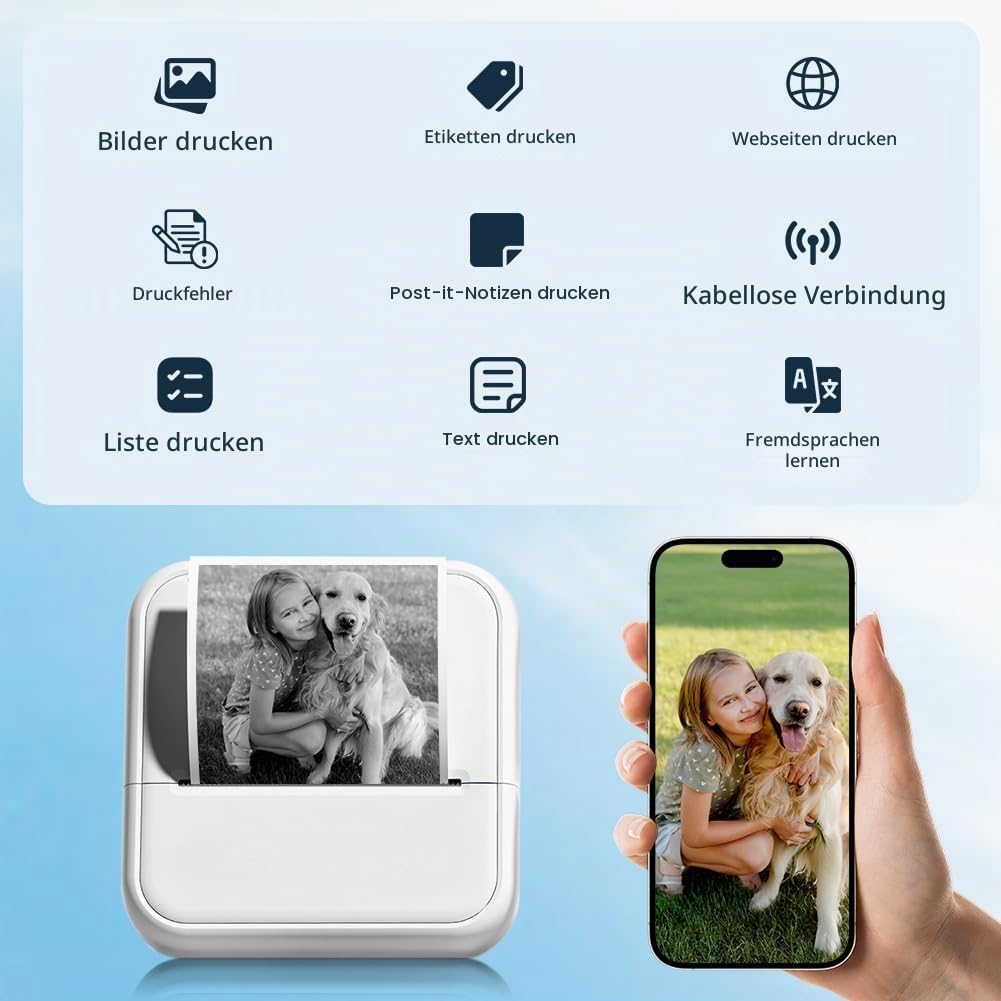 OFFCUP Mini Drucker Mini Fotodrucker mit 5 Papierrollen Tragbarer Mini Printer Thermodrucker Taschen