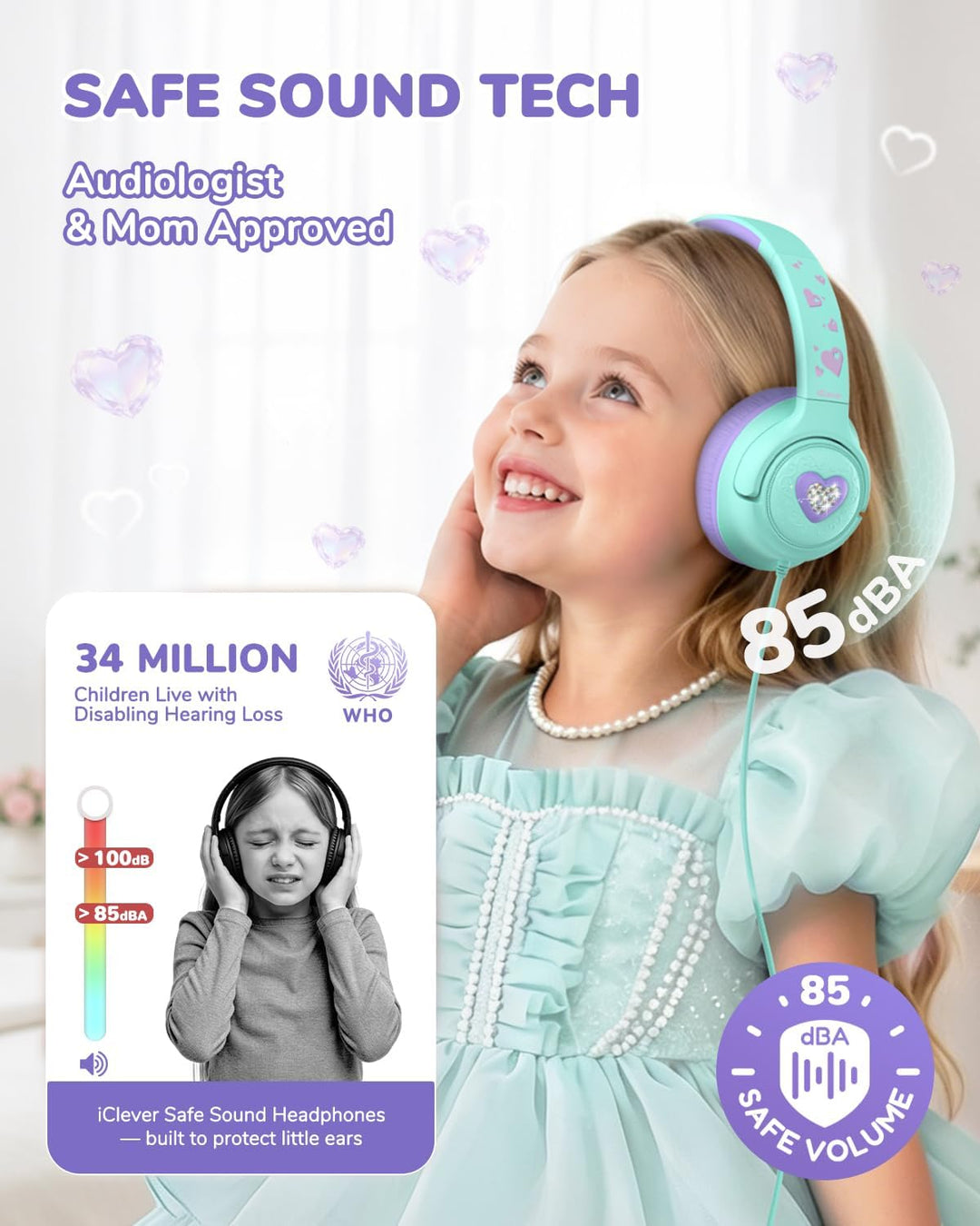 iClever kopfhörer Kinder,85 dBA Sicherer Klang,Faltbarer Over-Ear 3.5 mm kopfhörer Kinder mit Kabel,