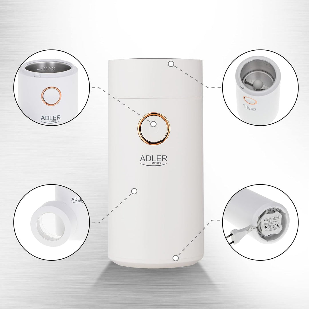 Adler AD 4446wg Elektrische Kaffeemühle aus Edelstahl, 150 W, Füllmenge bis zu 75g, Mühle für Kaffee