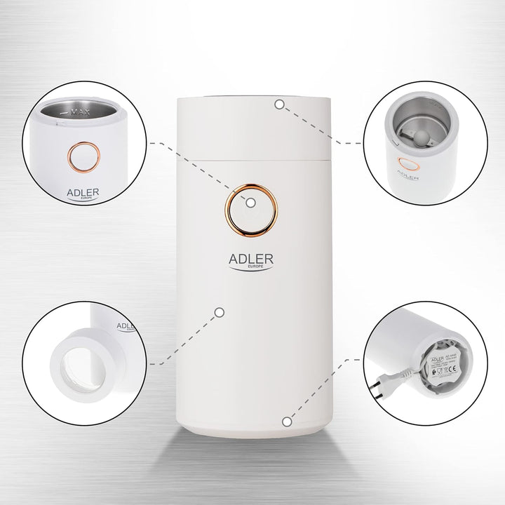 Adler AD 4446wg Elektrische Kaffeemühle aus Edelstahl, 150 W, Füllmenge bis zu 75g, Mühle für Kaffee