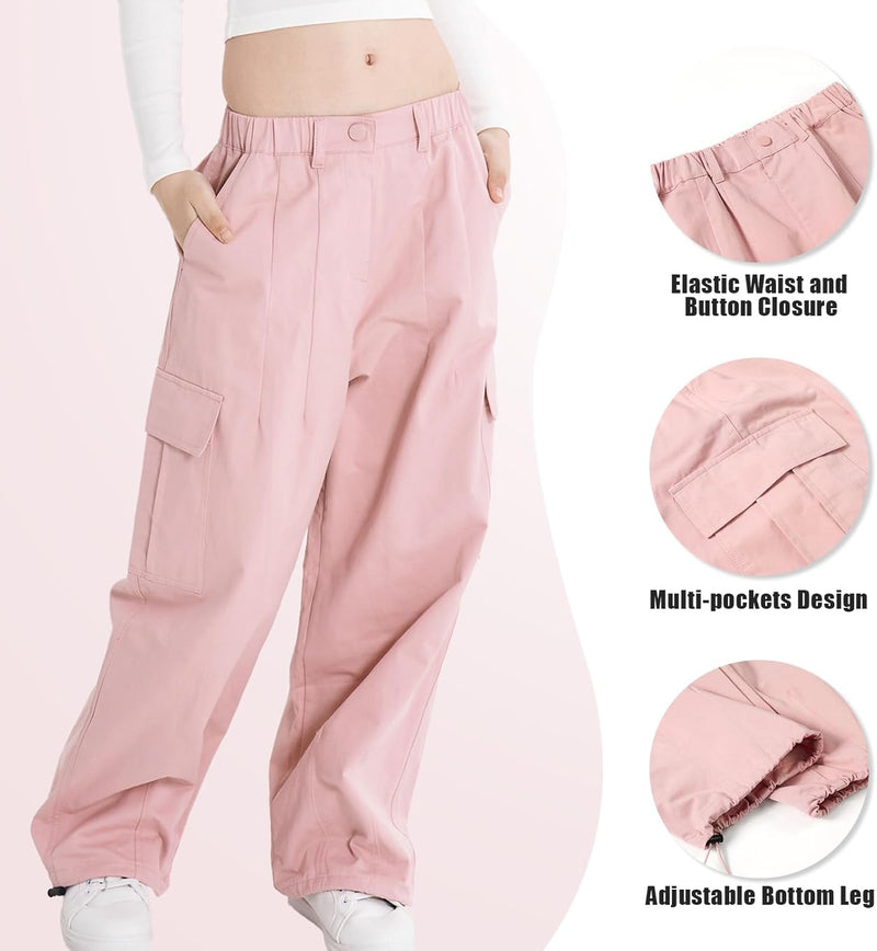 Rolanko Mädchen Cargohose, Baumwoll Baggy Hose mit Elastischer Taille und Mehreren Taschen für Kinde