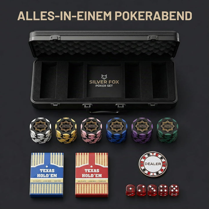 Pokerkoffer 500 Stück, Premium Poker Set im extrem stabilen Polycarbonat-Koffer (Kein Alu) – 14g Cla