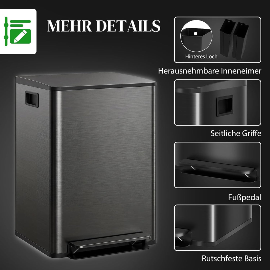 HOMCOM Mülleimer Küche 2x30L Softclose-Deckel Schwarz 47,7x37,5x66,8cm Glänzend Schwarz 2 x 30 L, Gl
