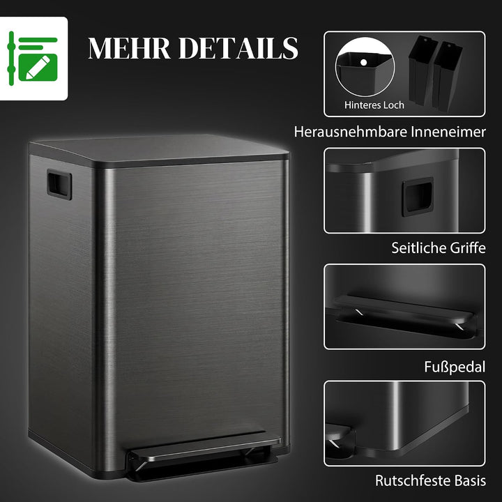 HOMCOM Mülleimer Küche 2x30L Softclose-Deckel Schwarz 47,7x37,5x66,8cm Glänzend Schwarz 2 x 30 L, Gl