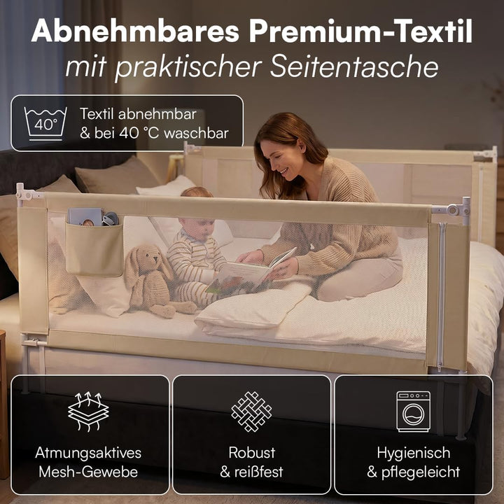 Bellabino Drina Rausfallschutz – Bettschutzgitter 150 cm Beige – Bettgitter höhenverstellbar 69-99 c