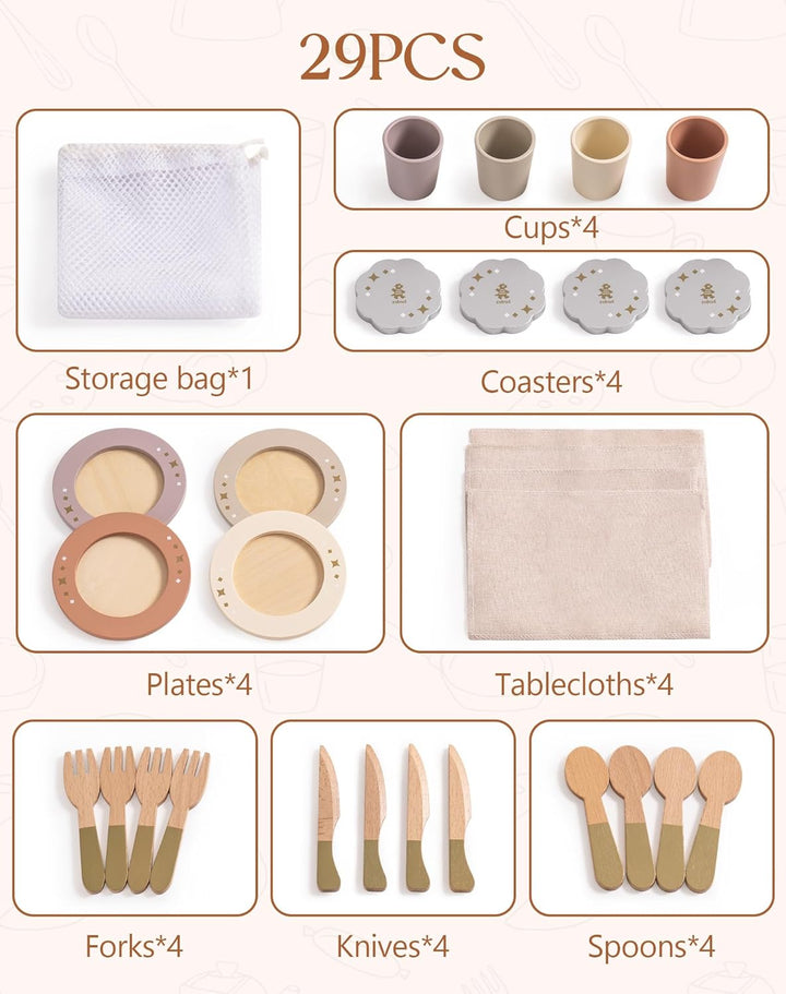 ROBUD Kinderküche Zubehör Holz Geschirr, 29 PCS Teller und Küchenutensilien Geschirrset für Rollensp
