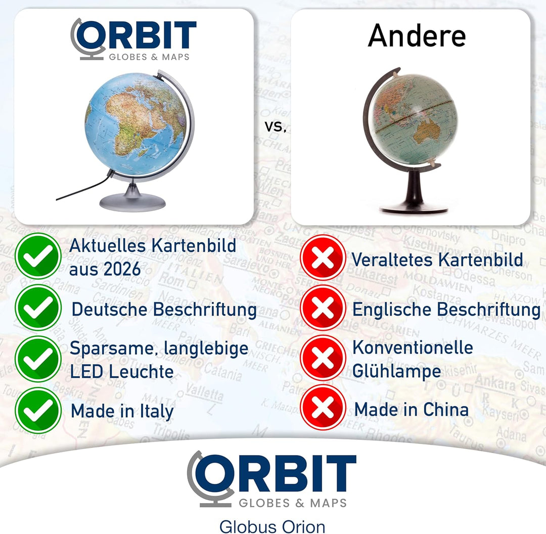 ORBIT GLOBES & MAPS - Leuchtglobus - 30cm Globus mit stabilem Standfuss, Kartenbild 2023 physikalisc
