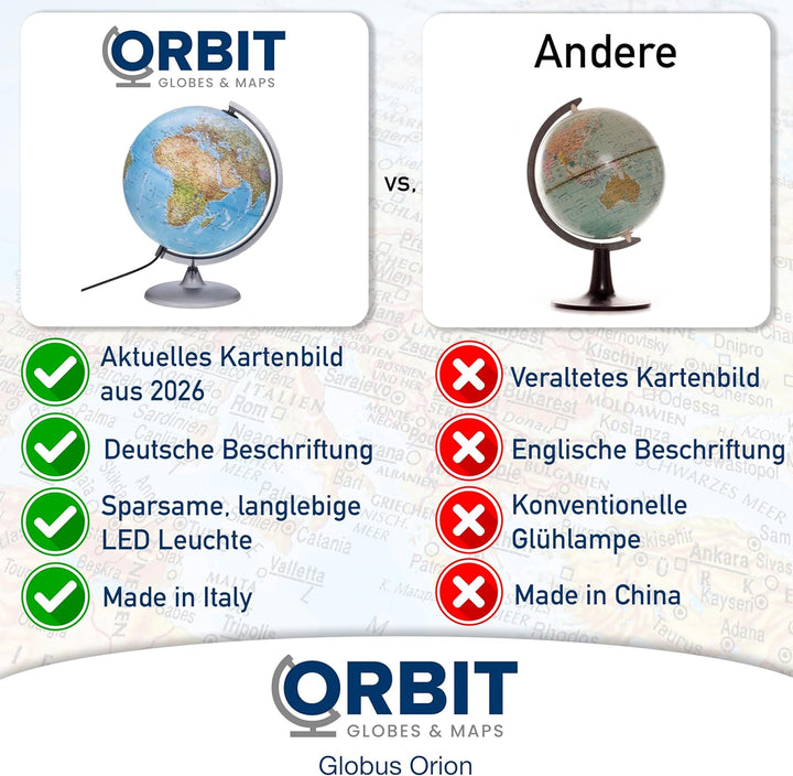 ORBIT GLOBES & MAPS - Leuchtglobus - 30cm Globus mit stabilem Standfuss, Kartenbild 2023 physikalisc