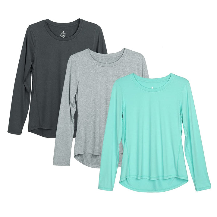 icyzone Damen Sport Shirt Langarm 3er Pack Atmungsaktive Laufshirt Funktionsshirt für Gym Fitness, B