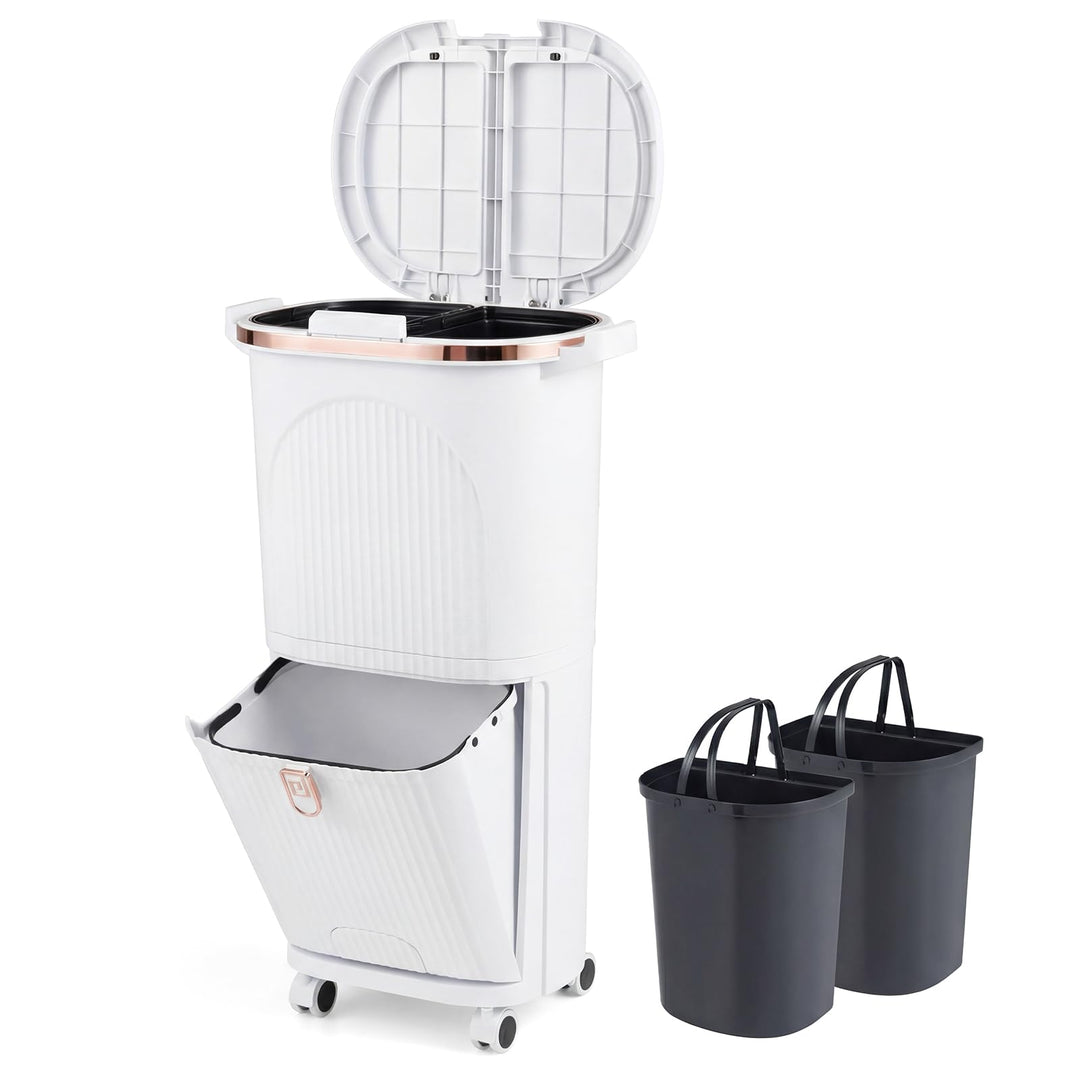 GIANTEX Mülleimer Küche 3 Fächer, Mülltrennsystem mit 2 x 12L Inneneimer & 14L Treteimer, Abfalleime