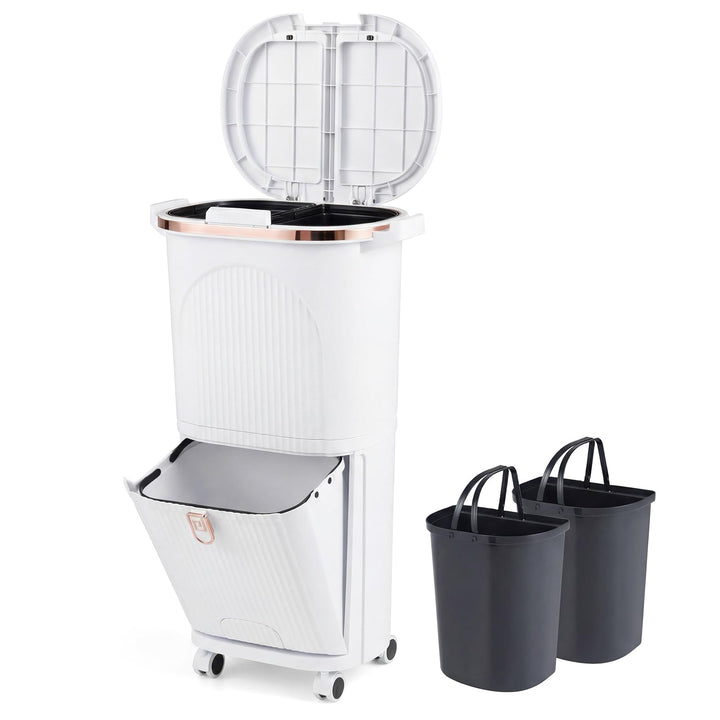 GIANTEX Mülleimer Küche 3 Fächer, Mülltrennsystem mit 2 x 12L Inneneimer & 14L Treteimer, Abfalleime