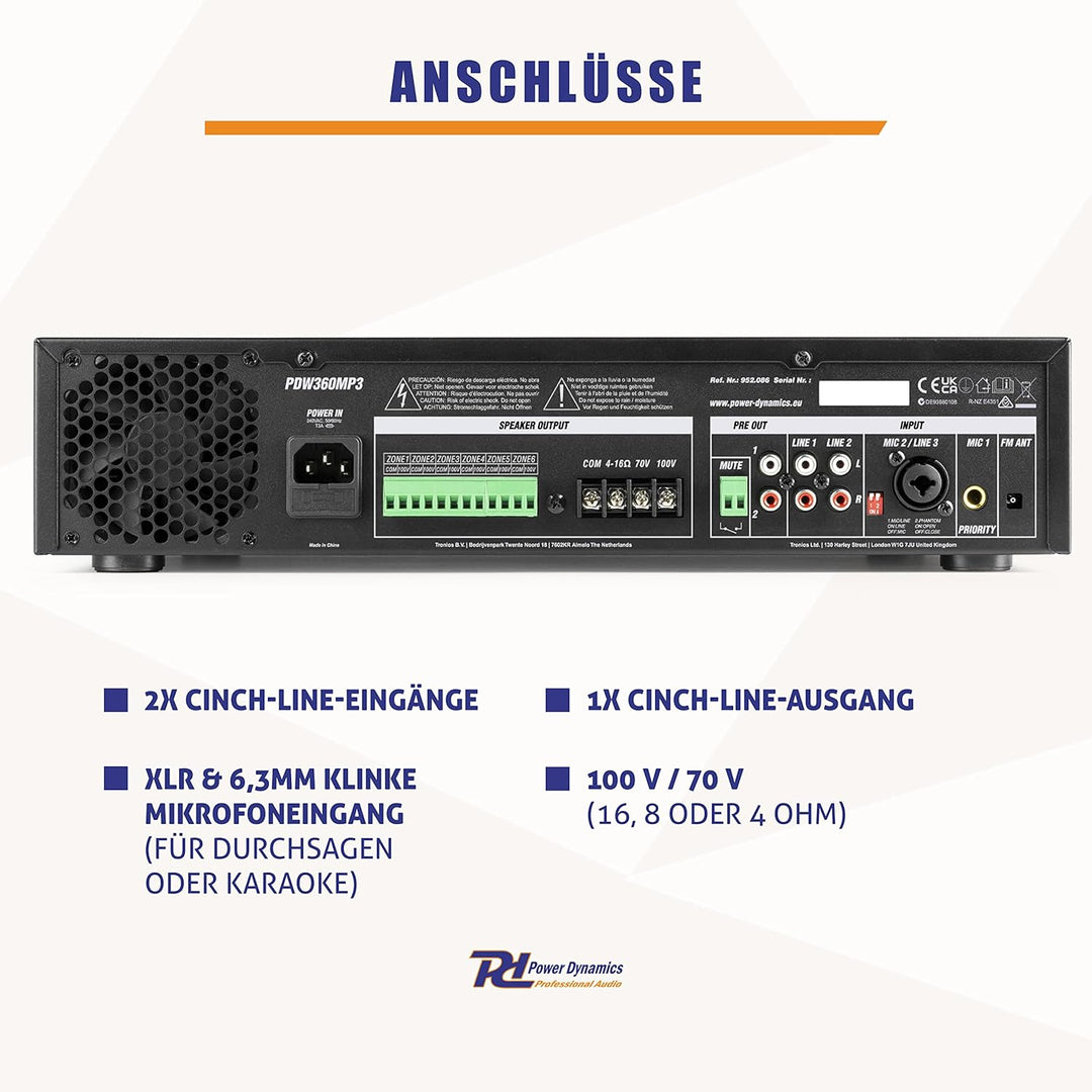 Power Dynamics PDW500MP3 - Verstärker, PA Mixer, 6-Zonen-Verstärker, 500 Watt, Bluetooth, MP3, für 1
