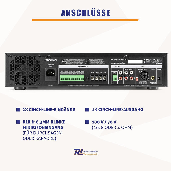 Power Dynamics PDW500MP3 - Verstärker, PA Mixer, 6-Zonen-Verstärker, 500 Watt, Bluetooth, MP3, für 1