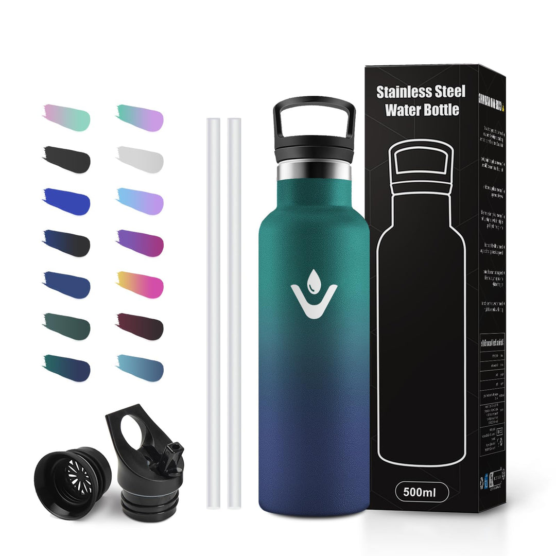 Thermosflasche 500ml mit Strohhalm, Trinkflasche Edelstahl, Doppelwandig Isoliert, BPA-frei, Kohlens