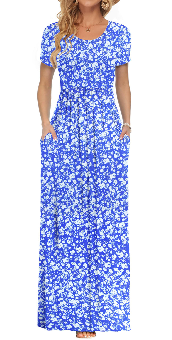 AUSELILY Damen Kurzarm Sommer Casual Long Maxi Kleider mit Taschen Blau-weisses Blümchenmuster XS, B