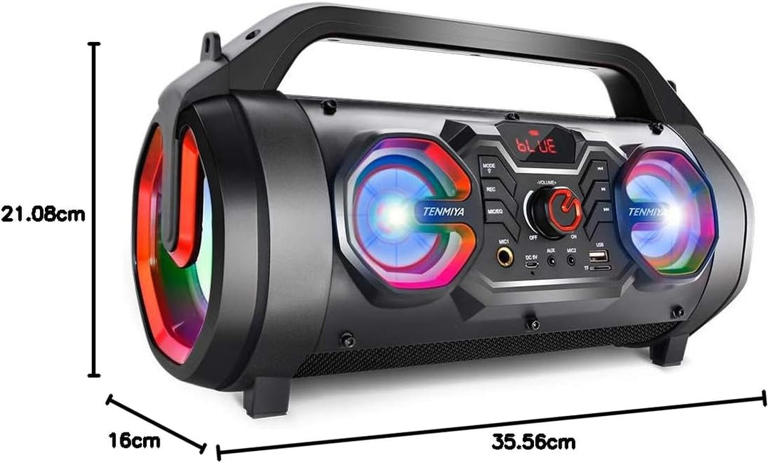 TENMIYA Bluetooth Lautsprecher, 30W Musikbox Bluetooth mit Subwoofer, FM Radio, RGB Licht. 10h Akku