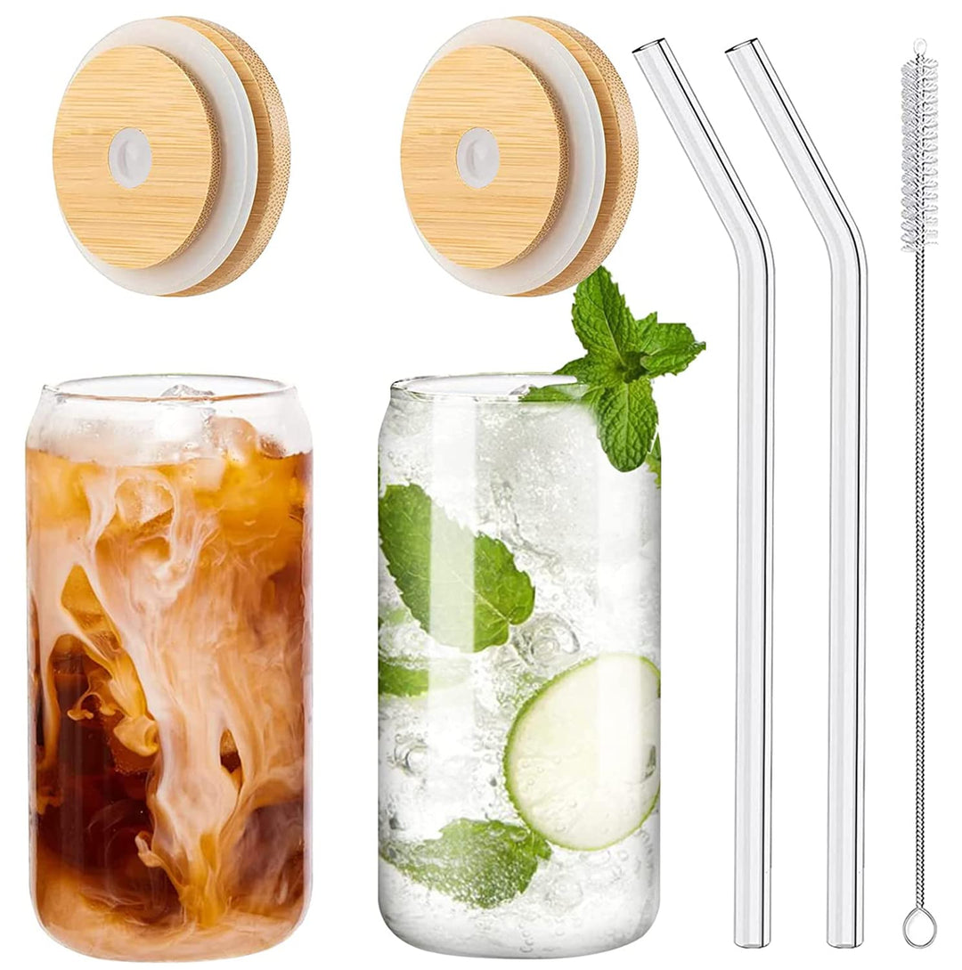 Panngu Bubble Tea Becher mit Deckel und Strohhalm 2er Set, Trinkgläser mit Bambusdeckel und Glasstro