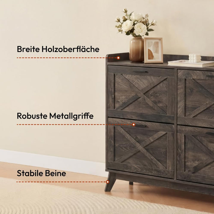 CASABEL Schuhschrank mit 4 Klappen, Fronten mit Kreuzmuster, DunklesHolz, Funktionales Design, Gross