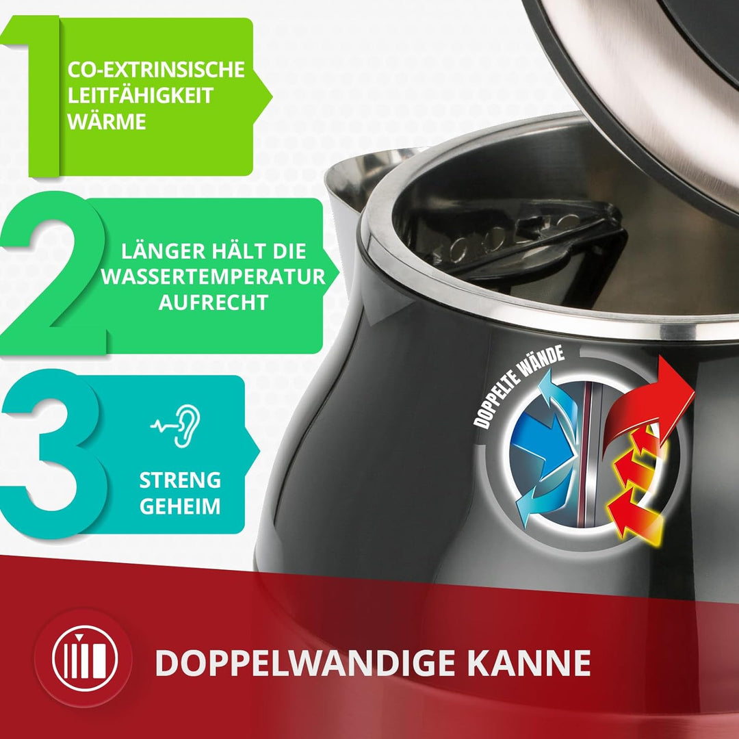 MPM MCZ-91M Elektrischer Wasserkocher, Fassungsvermögen 1,7 L, BPA-freier Edelstahl, Kabellos 360º o