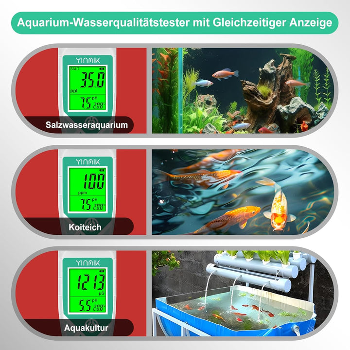 Aquarien pH Salz Messgerät, YINMIK TDS EC Messgerät für Süsswasseraquarien, Digitales Leitfähigkeits