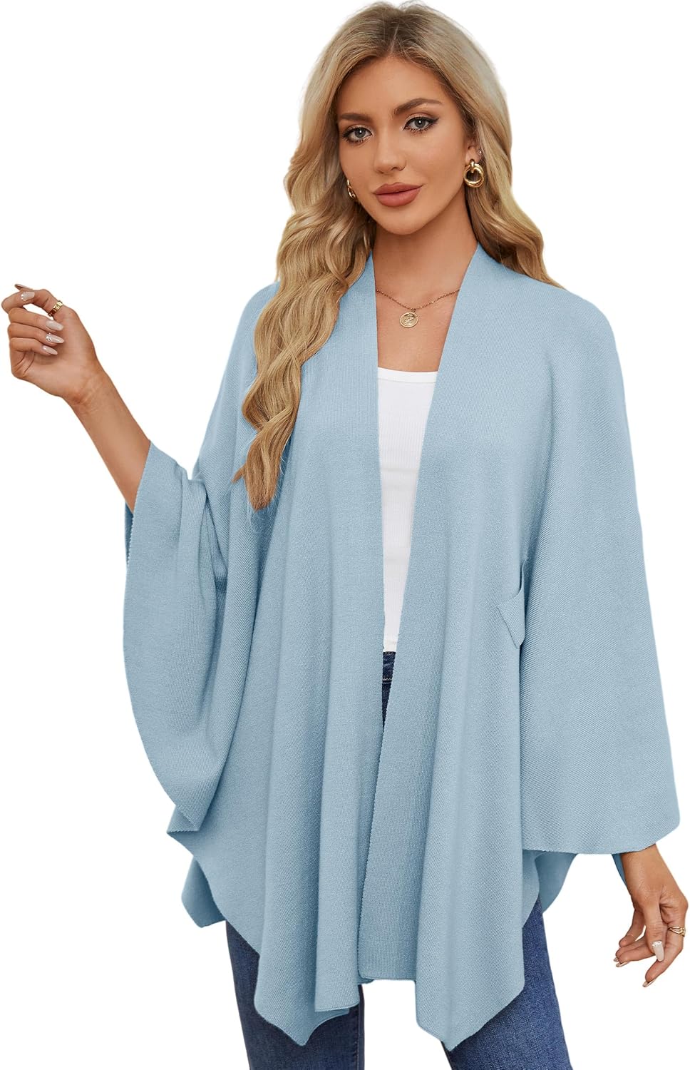 PULI Damen Elegant Poncho Strick Ponchos Capes Vorne öffnen Vielseitige Schalwickel mit Lasche Blau,