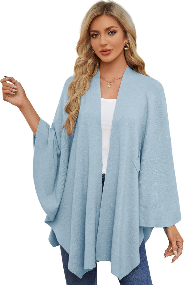 PULI Damen Elegant Poncho Strick Ponchos Capes Vorne öffnen Vielseitige Schalwickel mit Lasche Blau,
