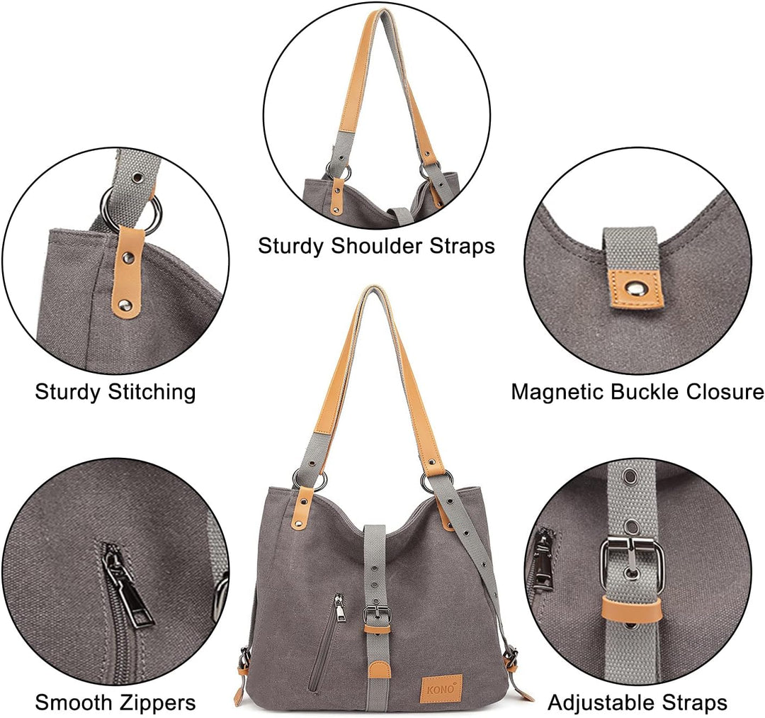 KONO Handtasche Canvas Rucksack Damen Gross Taschen Shopper Schultertaschen Multifunktional Umhängen