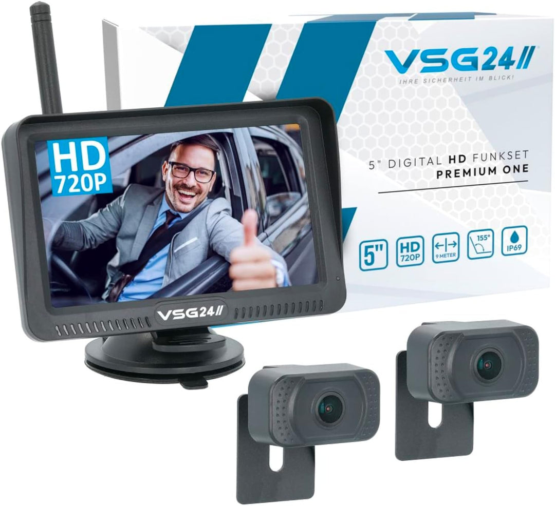 VSG24 5“ HD Set 2 Kameras Funk Rückfahrsystem Premium ONE für PKW, KFZ Set kabellos inkl. Rückfahrka