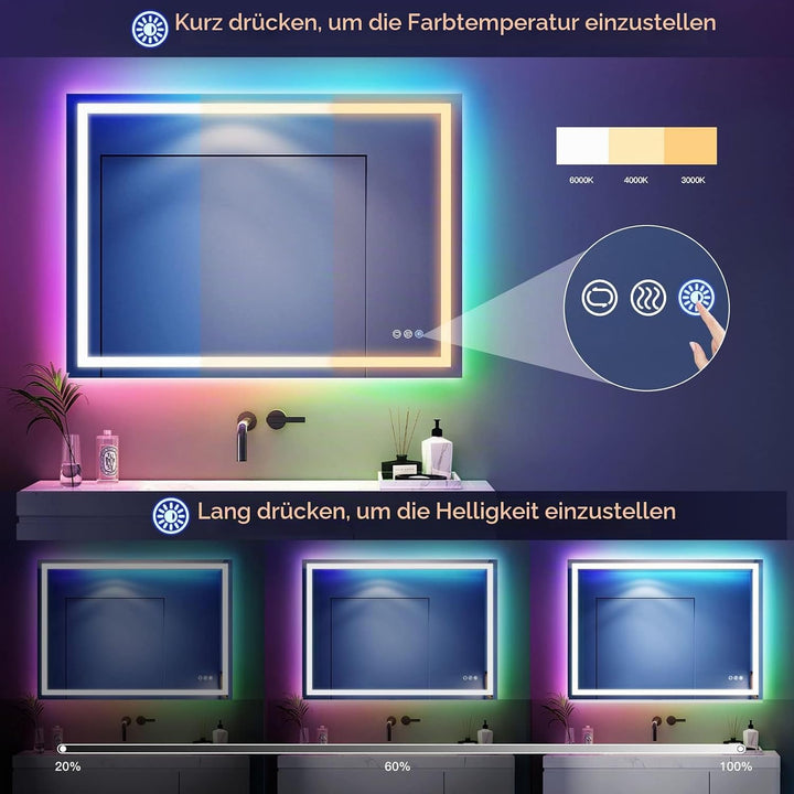 Dripex Badspiegel mit Beleuchtung Led Spiegel mit RGB LED Streifen, Farbwechsel, Touch-Schalter, Dim