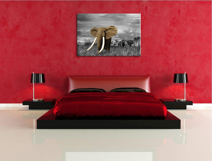 Elefanten in der Savanne schwarz/weiss Format: 100x70 auf Leinwand, XXL riesige Bilder fertig gerahm