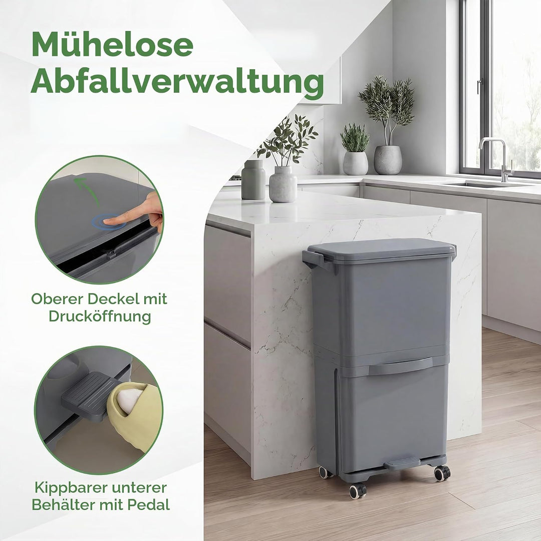 LIFEZEAL 36L Abfalleimer Küche, Mülleimer auf Rädern mit 2 Ebenen, Abfallbehälter mit Pedal & neigba
