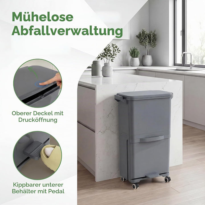 LIFEZEAL 36L Abfalleimer Küche, Mülleimer auf Rädern mit 2 Ebenen, Abfallbehälter mit Pedal & neigba