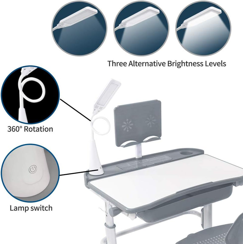 Yinleader Kids Schreibtisch und Stuhlset, Verstellbarer Kindertisch mit Augenschutzlampe, Bücherstän