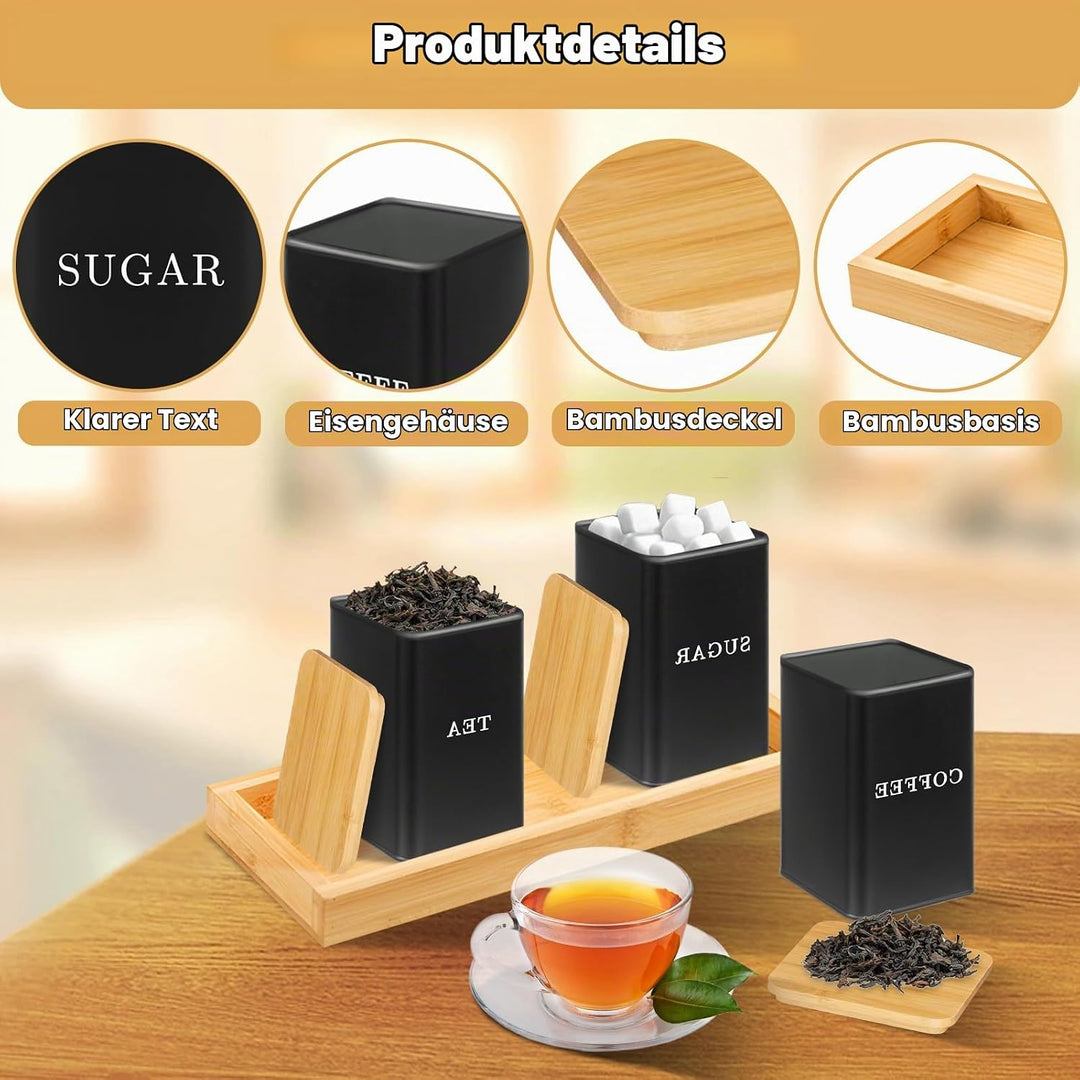 Kaffee Tee Zucker Set, 1000ml 3 Tee Kaffee Zucker Dosen, Dosenbehälter mit versiegeltem Bambusdeckel