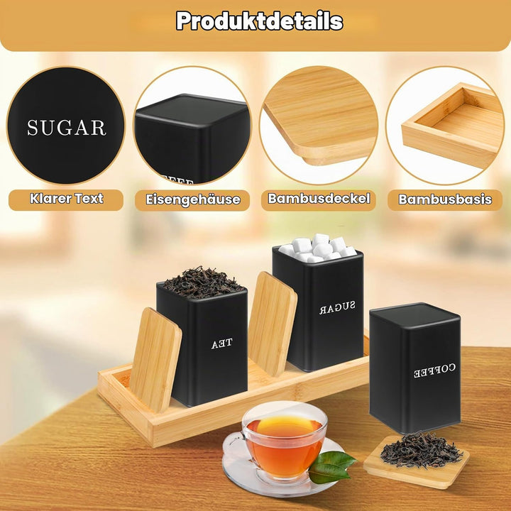 Kaffee Tee Zucker Set, 1000ml 3 Tee Kaffee Zucker Dosen, Dosenbehälter mit versiegeltem Bambusdeckel