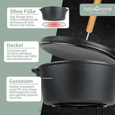 holz4home® Dutch Oven Set [12L, Ohne Füsse] I Eingebrannter Feuertopf Gusseisen I Schmortopf mit Dec