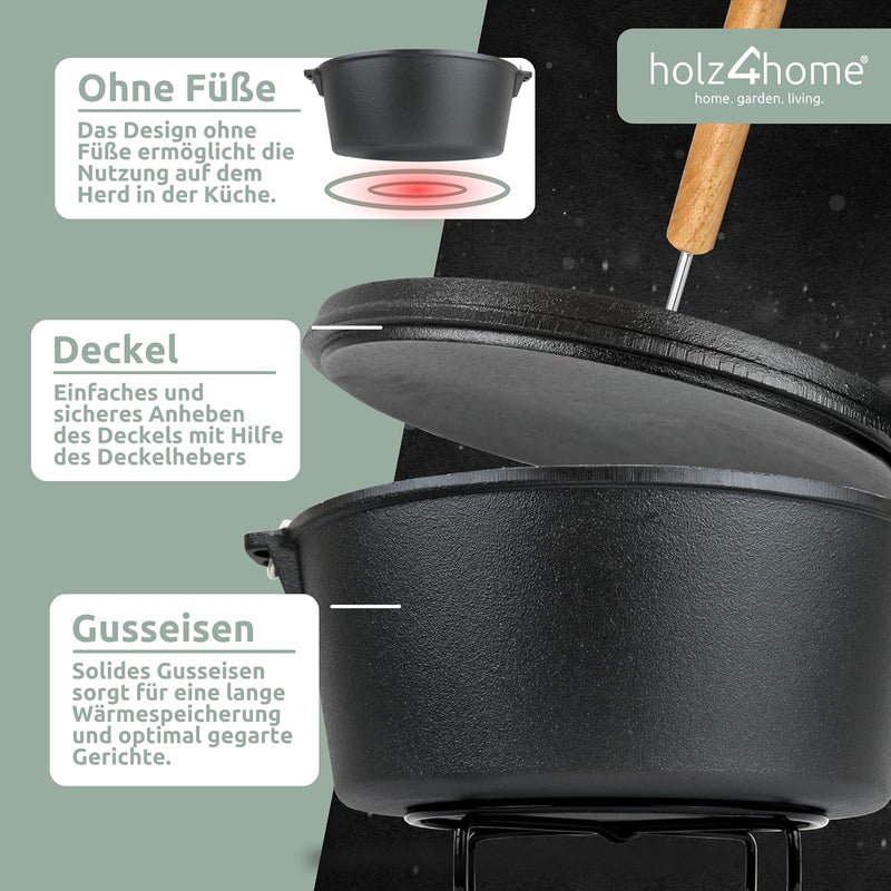 holz4home® Dutch Oven Set [12L, Ohne Füsse] I Eingebrannter Feuertopf Gusseisen I Schmortopf mit Dec