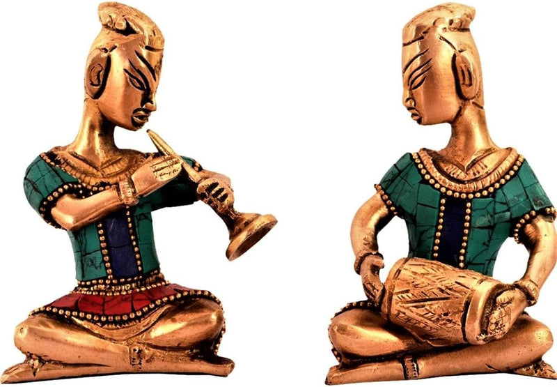 Purpledip Brass Statue Set: Folk Musician Figurines With Gemstones; Comtemporary Decor Gift Souvenir