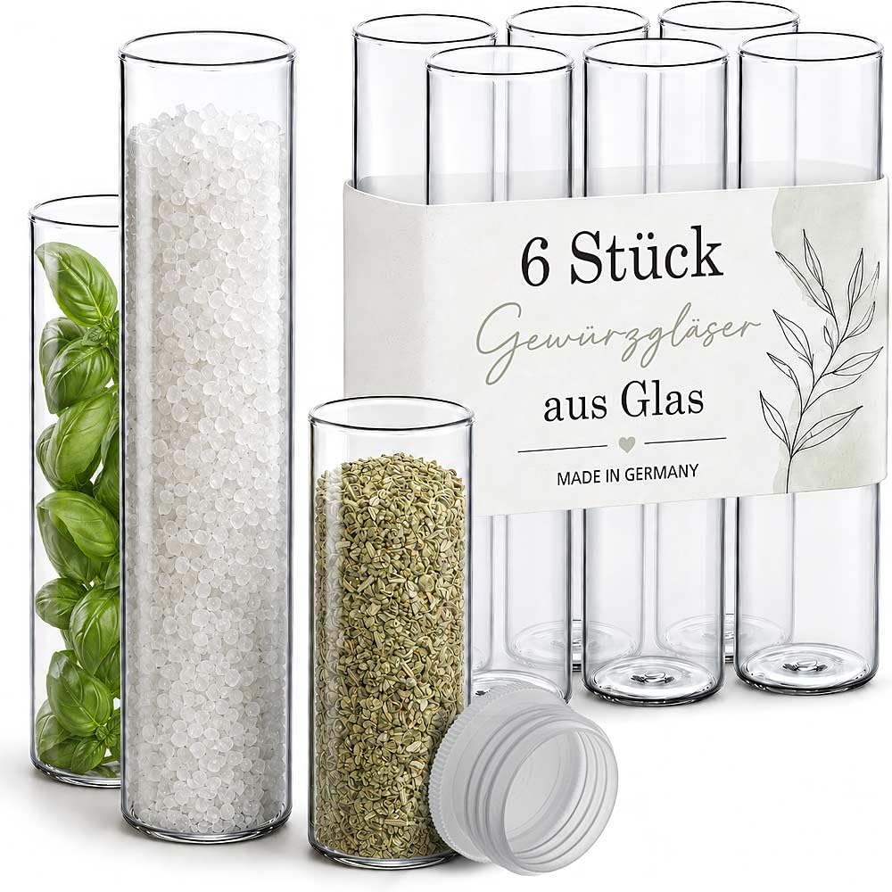 Tuuters 6x Gewürzgläser mit Verschluss (weiss), kleine Glasfläschchen für Gewürze (100 x Ø30 mm) 100