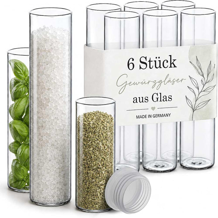 Tuuters 6x Gewürzgläser mit Verschluss (weiss), kleine Glasfläschchen für Gewürze (100 x Ø30 mm) 100